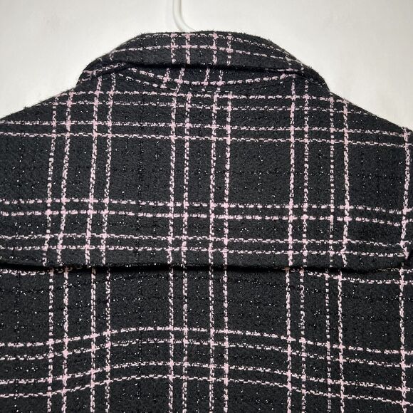 BB Dakota Pea Coat Womens Size Large Black Pink Plaid Two Button Front Acrylic - Picture 10 of 11